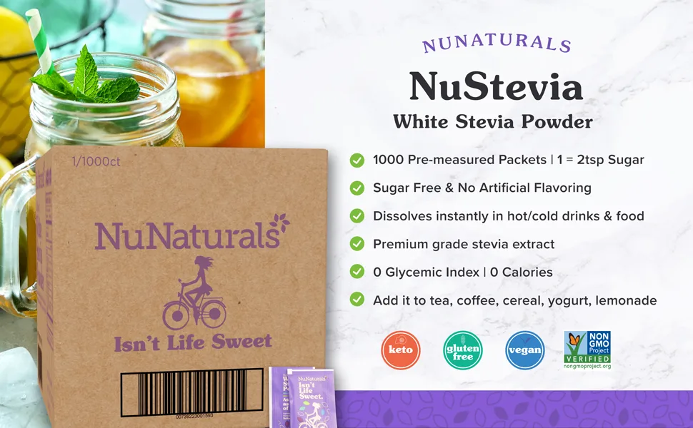 NuNaturals NuStevia White Stevia Powder 1000 Packets 2.23 lbs (1000 g) - 1,000 White Stevia