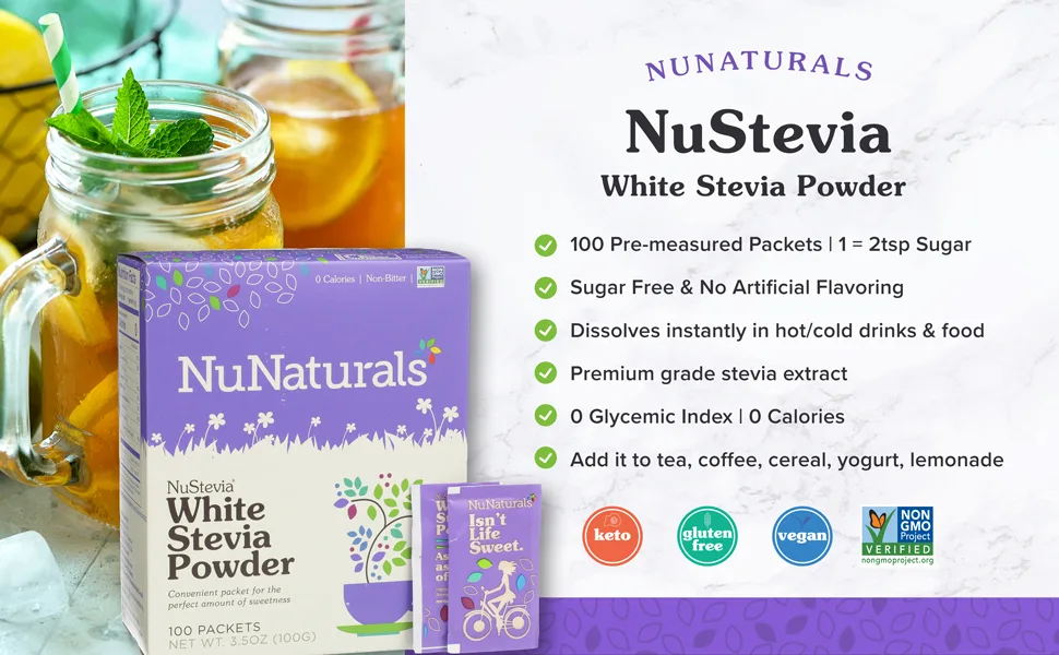NuNaturals NuStevia White Stevia Powder 100 Packets 3.5 oz (100 g) - NuNaturals