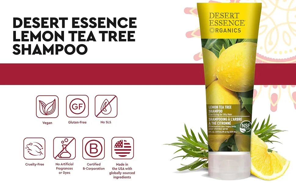 Desert Essence Organics Shampoo Lemon Tea Tree 8 fl oz (237 ml) - Vegan Lemon Tea Tree Shampoo, Gluten Free Lemon Tea Tree Shampoo,Organic Lemon Shampoo,lemon Shampoo