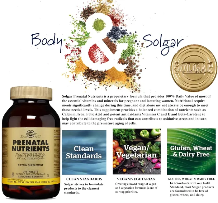 Solgar Prenatal Nutrients Multivitamin & Mineral 240 Tablets - product information 1