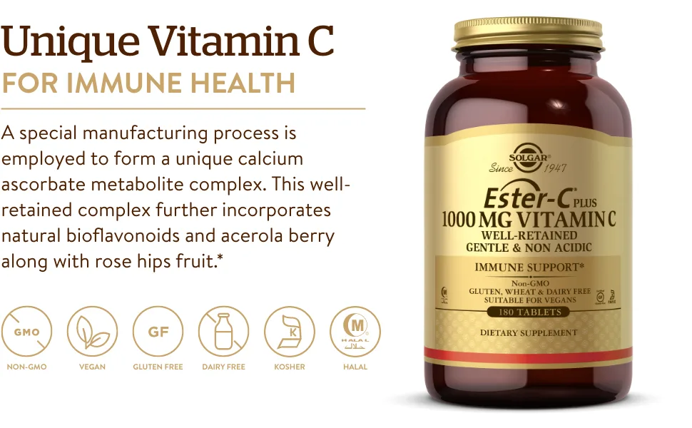 Solgar Ester-C Plus Vitamin C 1000 mg 180 Tablets - Promote Nervous System Health And Support Energy Metabolism