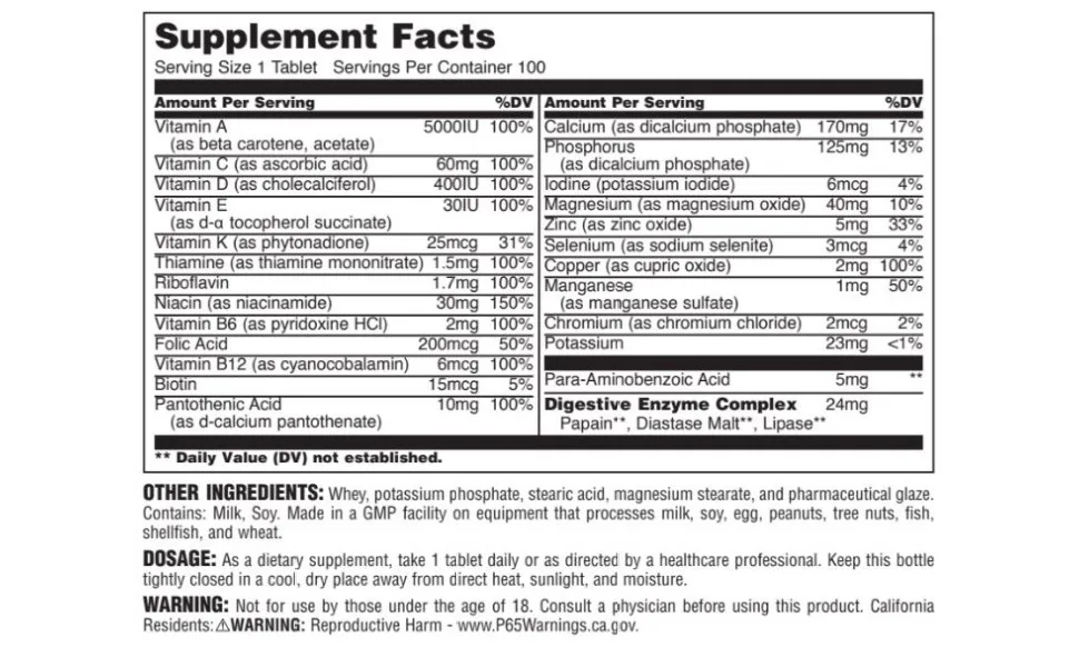 Universal Nutrition Daily Formula The Everyday Multi Vitamin  100 Tablets - Supplement Facts