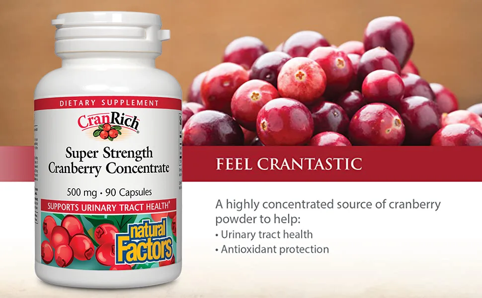 Natural Factors CranRich Super Strength Cranberry Concentrate 500 mg 90 Capsules - A highly concentrated source of cranberry powder to help:Urinary tract health Antioxidant protection