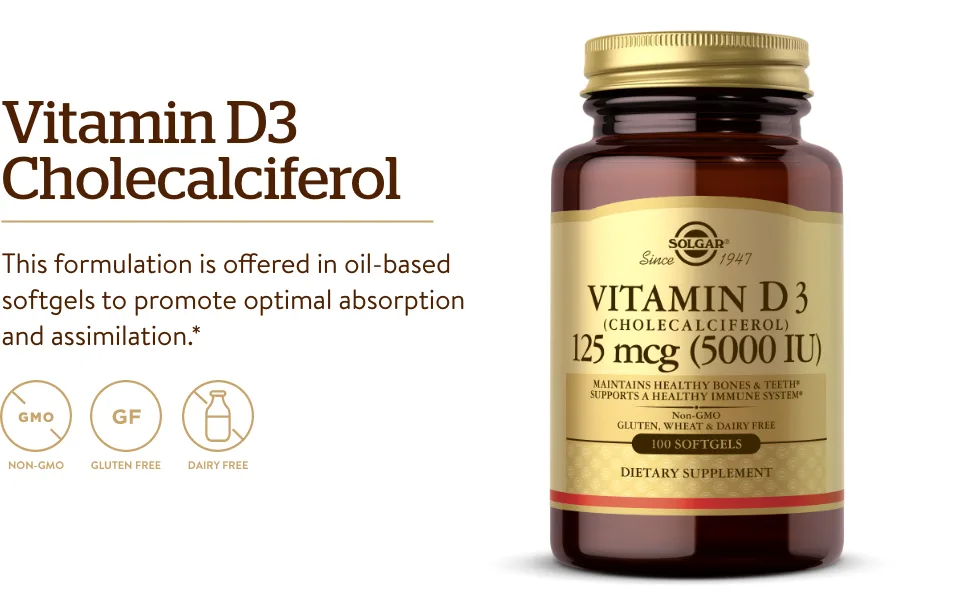 Solgar Vitamin D3 (Cholecalciferol) 125 mcg (5000 IU) 100 Softgels - Helps Maintain Healthy Bones & Teeth - Immune System Support