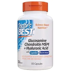 Doctor's Best Glucosamine Chondroitin MSM + Hyaluronic Acid 150 Veggie Caps - Glucosamine Chondtotine MSA supports healthy joints, connective tissue hair skin nails