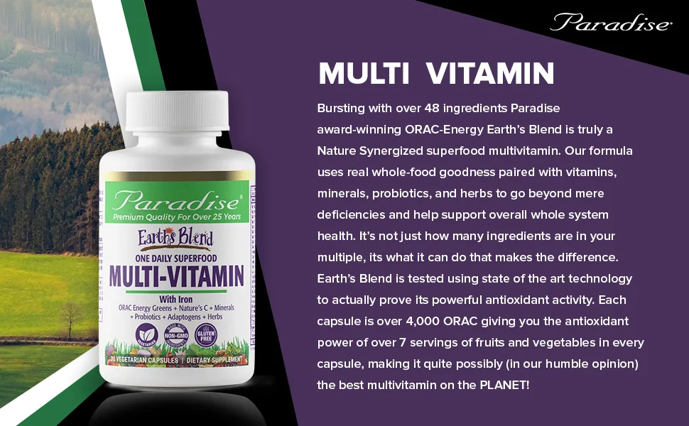 Paradise Herbs Earth's Blend One Daily Superfood Multi-Vitamin With Iron 30 Vegetarian Capsules - Paradise Herbs
