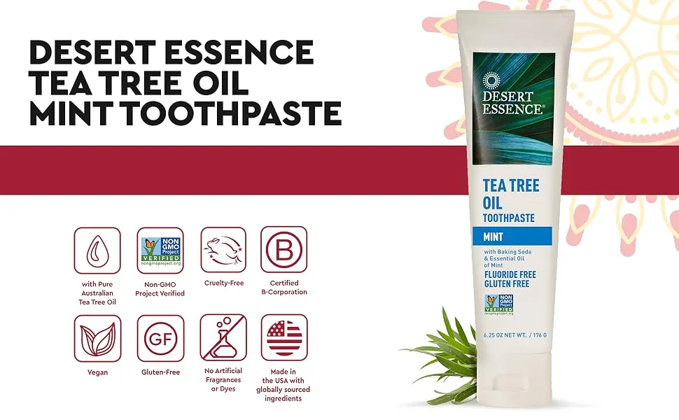 Desert Essence Tea Tree Oil Toothpaste Mint 6.25 oz (176 g) - Desert Essence Toothpaste, Winter Green Tea Tree Oil Neem Toothpaste