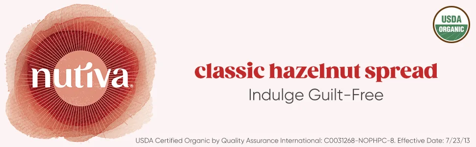 Nutiva Organic Hazelnut Spread Classic 13 oz (369 g) - Classic Hazelnut Spread and logo