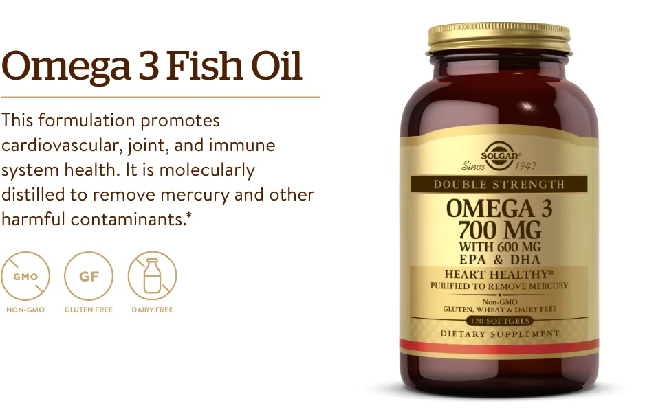 Solgar Omega-3 EPA & DHA Double Strength 700 mg 120 Softgels - Fish Oil Supplement - Support for Cardiovascular, Joint Cellular Health EPA DHA Omega 3 Fatty Acids