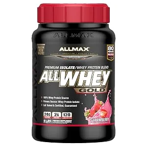 ALLMAX Nutrition AllWhey Gold 100% Whey Protein + Premium Whey Protein Isolate Strawberry 2 lbs (907 g) - strawberry whey protein allmax