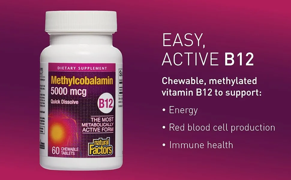 Natural Factors B12 Methylcobalamin 5000 mcg 60 Chewable Tablets - Easy, active B12