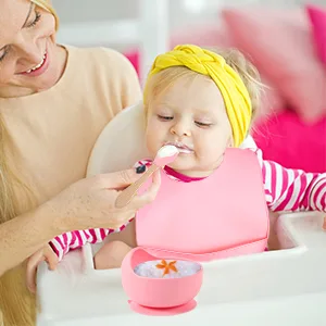 Baby Weaning Set 6 Pcs Silicone Baby Feeding Set Includes Adjustable Bib Divided Plate Suction Bowl Drinking Cup Fork and Spoon for Babies Toddlers Kids Pink - product information 14