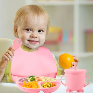 Baby Weaning Set 6 Pcs Silicone Baby Feeding Set Includes Adjustable Bib Divided Plate Suction Bowl Drinking Cup Fork and Spoon for Babies Toddlers Kids Pink - product information 15