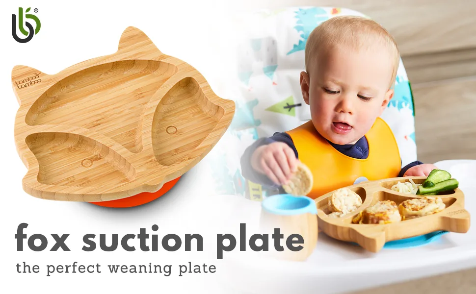 bamboo bamboo Baby and Toddler Suction Plate for Feeding and Weaning | Bamboo Fox Plate with Secure Suction | Suction Plates for Babies from 6 Months (Fox Yellow) - BambooBamboo, fox