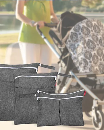 Damero Set of 3 Changing Bags with Reusable Fabric Waterproof Wetbag Wipes Storage Organiser Bag Gray - product information 5