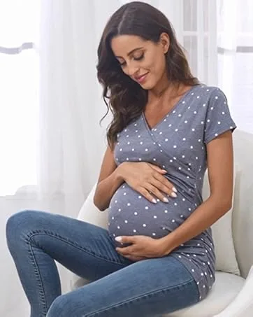 Love2Mi Maternity Nursing Shirt Short Sleeve V-Neck Breastfeeding T-Shirt Pregnancy M Flower45 - NTZ001