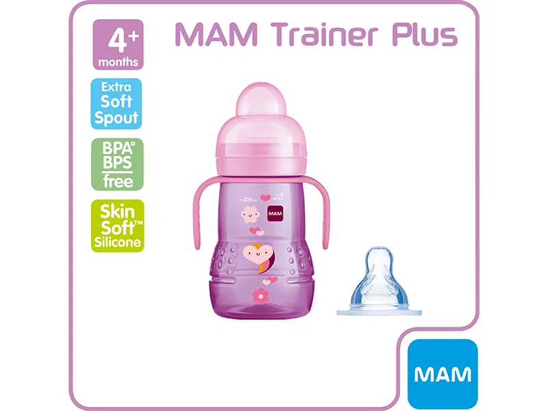 MAM Trainer+ 220ml Baby Cup Suitable from 4+ Months Trainer Cup for Independent Drinking Spill-Free Toddler Cup Pink (Designs May Vary) - MAM Trainer Plus Pink