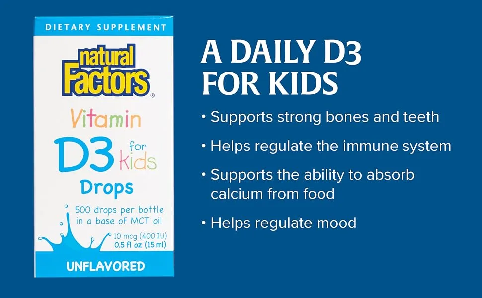 Natural Factors Vitamin D3 Drops Unflavored 10 mcg (400 IU) 0.5 fl oz (15 ml) - A daily D3 for kids