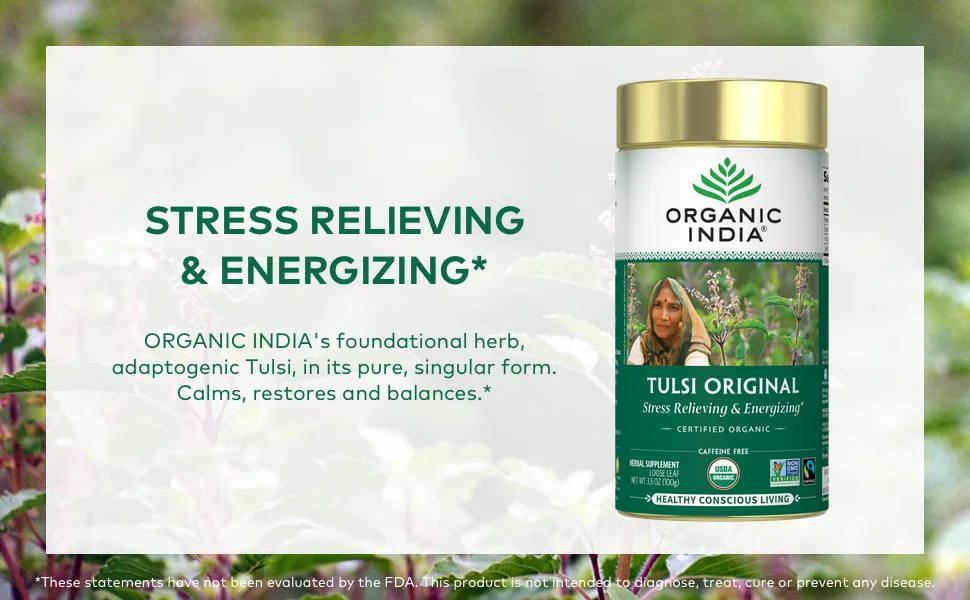 Organic India Tulsi Loose Leaf Tea Holy Basil Original Caffeine Free 3.5 oz (100 g) - rest calm soothe non-gmo holy basil wellness ginger immunity stamina endurance