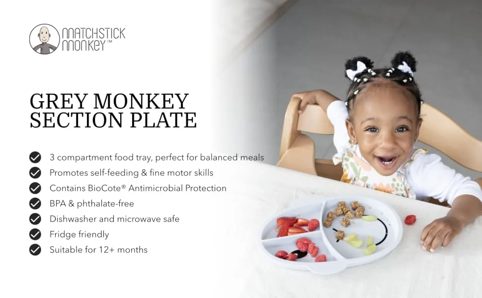 Matchstick Monkey Anti-Slip Monkey 3-Section Plate Antimicrobial 100 Percent Silicone 100 Percent BPA Free 12 Months Old+ Grey 3-Section Monkey Plate Grey 3-Section Plate - GYSP