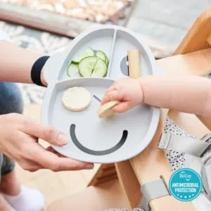 Matchstick Monkey Anti-Slip Monkey 3-Section Plate Antimicrobial 100 Percent Silicone 100 Percent BPA Free 12 Months Old+ Grey 3-Section Monkey Plate Grey 3-Section Plate - GYSP5