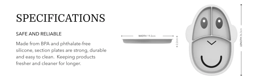 Matchstick Monkey Anti-Slip Monkey 3-Section Plate Antimicrobial 100 Percent Silicone 100 Percent BPA Free 12 Months Old+ Grey 3-Section Monkey Plate Grey 3-Section Plate - GYSP6