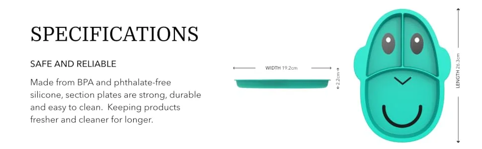 Matchstick Monkey Baby Weaning Monkey Section Plate 3 Split Section Antimicrobial Protection Anti Slip Durable Silicone BPA Free 12 Months Old and Plus Green 3-Section Monkey Plate Green 3-section Plate - GSP6