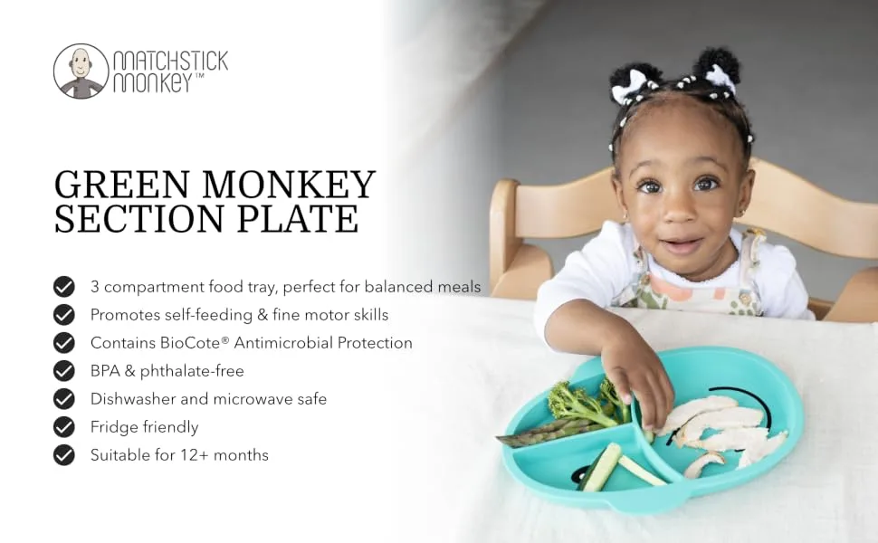 Matchstick Monkey Baby Weaning Monkey Section Plate 3 Split Section Antimicrobial Protection Anti Slip Durable Silicone BPA Free 12 Months Old and Plus Green 3-Section Monkey Plate Green 3-section Plate - product information 1