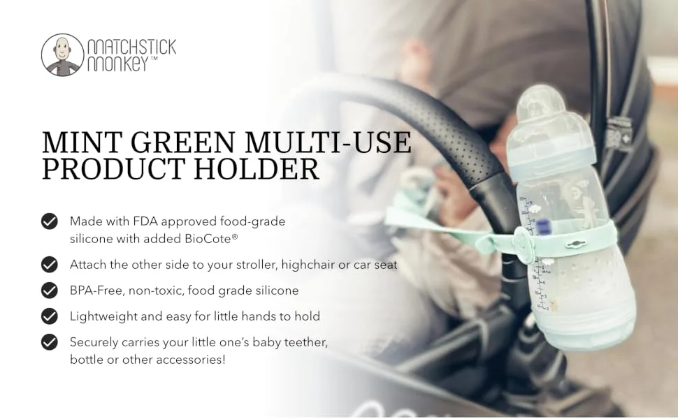 Matchstick Monkey Antimicrobial Silicone Multi-Use Product Holder Strap for Teether Bottle and More in Stroller Car and Highchair 3 Months Old+ 55 cm Mint Green 1 Multi-Use Product Holder Mint Green - Matchstick Monkey Multi-Use Product Holder