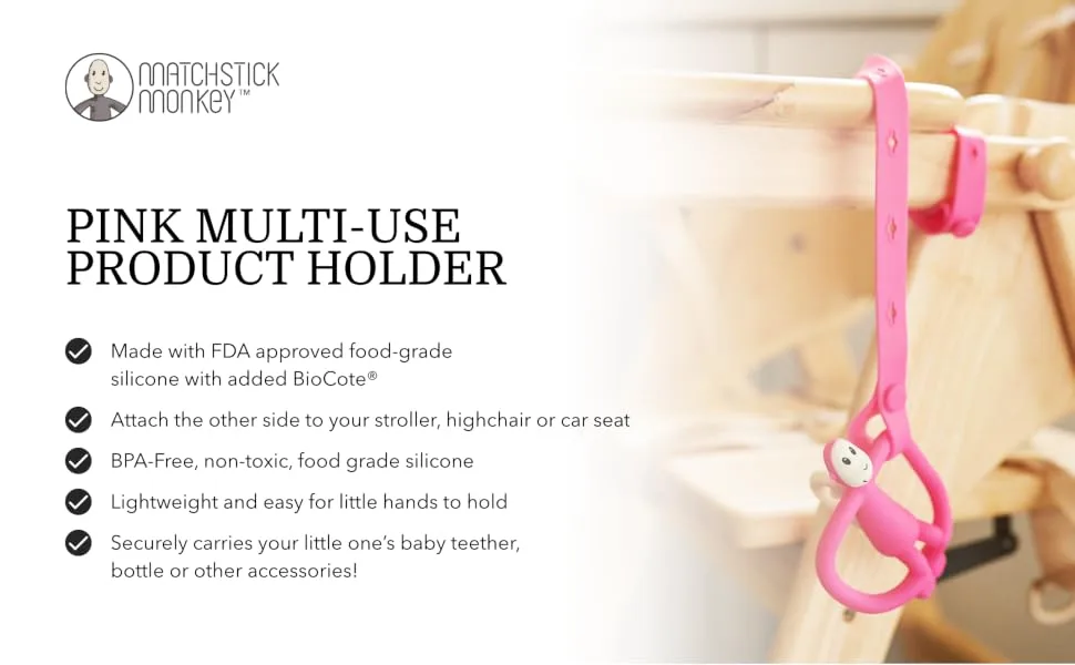 Matchstick Monkey Antimicrobial Silicone Multi-Use Product Holder Strap for Teether Bottle and more in Stroller Car and Highchair 3 Months Old+ 55 cm Pink 1 Multi-Use Product Holder Pink - Matchstick Monkey Multi-Use Product Holder
