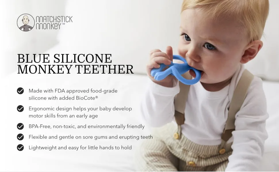 Matchstick Monkey Antimicrobial Silicone Teether & Gel Applicator Easy To Grip BPA Free 3 Months Old+ 11 cm Blue Monkey Blue Monkey 3 Months Old+ 1 Monkey Teether - product information 1