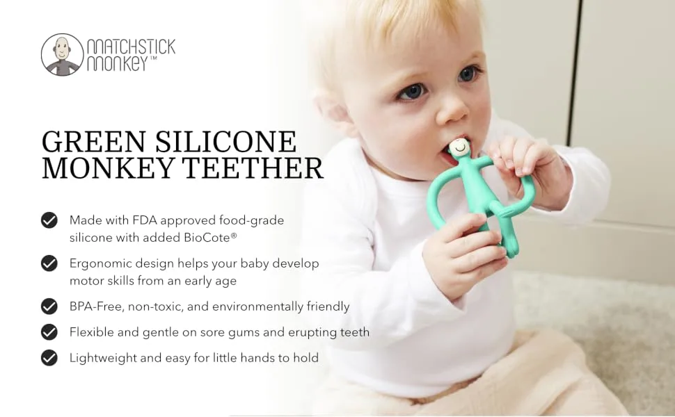 Matchstick Monkey Antimicrobial Silicone Teether & Gel Applicator Easy To Grip BPA Free 3 Months Old+ 11 cm Green Monkey Green Monkey 3 Months Old+ 1 Monkey Teether - MTGS