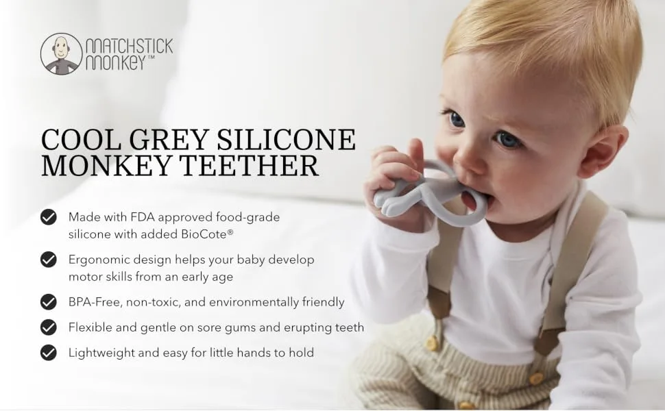 Matchstick Monkey Antimicrobial Silicone Teether & Gel Applicator Easy To Grip BPA Free 3 Months Old+ 11 cm Grey Monkey Grey Monkey 3 Months Old+ 1 Monkey Teether - MTCG