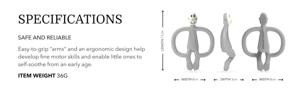 Matchstick Monkey Antimicrobial Silicone Teether & Gel Applicator Easy To Grip BPA Free 3 Months Old+ 11 cm Grey Monkey Grey Monkey 3 Months Old+ 1 Monkey Teether - MTCG6