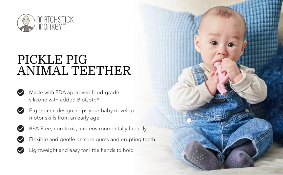 Matchstick Monkey Antimicrobial Silicone Teether & Gel Applicator Easy To Grip BPA Free 3 Months Old+ 11 cm Pickle Pig Pickle Pig 3 Months Old+ 1 Animal Teether - product information 1