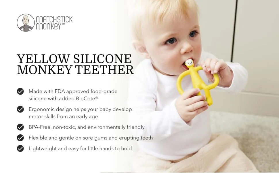 Matchstick Monkey Antimicrobial Silicone Teether & Gel Applicator Easy To Grip BPA Free 3 Months Old+ 11 cm Yellow Monkey Yellow Monkey 3 Months Old+ 1 Monkey Teether - product information 1