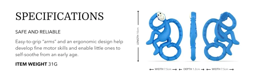 Matchstick Monkey Antimicrobial Silicone Teether Easy To Grip BPA Free 3 Months Old+ 10 cm Blue Mini Monkey Blue Monkey 3 Months Old+ 1 Mini Monkey Teether - BMM6
