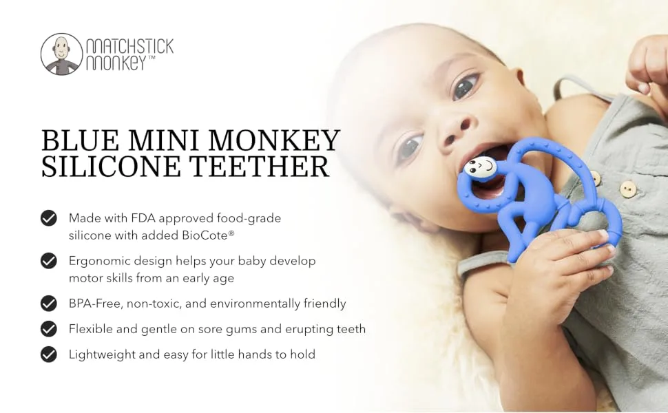 Matchstick Monkey Antimicrobial Silicone Teether Easy To Grip BPA Free 3 Months Old+ 10 cm Blue Mini Monkey Blue Monkey 3 Months Old+ 1 Mini Monkey Teether - product information 1