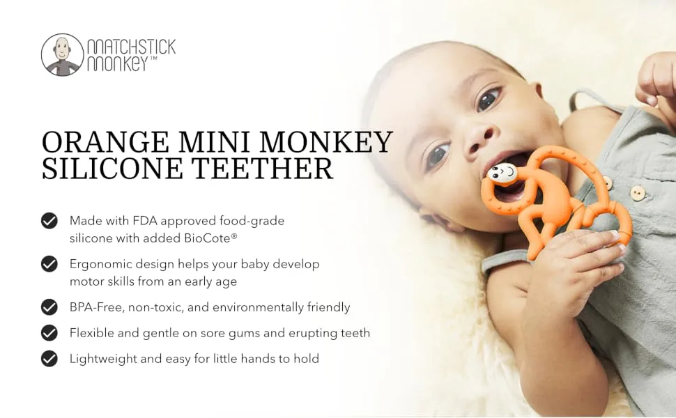 Matchstick Monkey Antimicrobial Silicone Teether Easy To Grip BPA Free 3 Months Old+ 10 cm Orange Mini Monkey Orange Monkey 3 Months Old+ 1 Mini Monkey Teether - MMTO