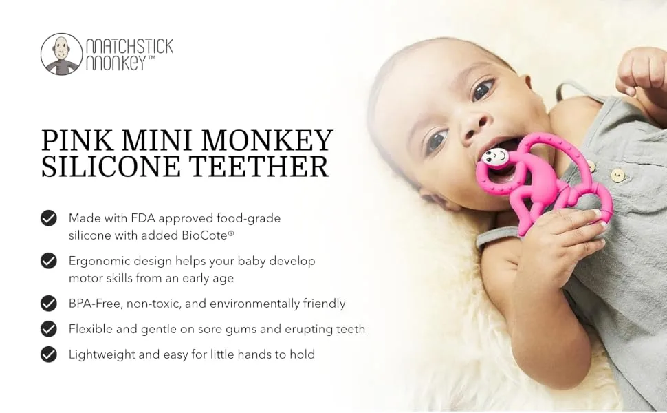 Matchstick Monkey Antimicrobial Silicone Teether Easy To Grip BPA Free 3 Months Old+ 10 cm Pink Mini Monkey Pink Monkey 3 Months Old+ 1 Mini Monkey Teether - MMTP