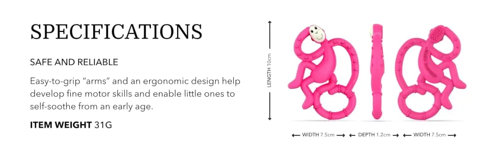 Matchstick Monkey Antimicrobial Silicone Teether Easy To Grip BPA Free 3 Months Old+ 10 cm Pink Mini Monkey Pink Monkey 3 Months Old+ 1 Mini Monkey Teether - MMTP6