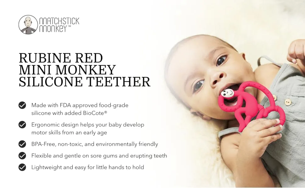 Matchstick Monkey Antimicrobial Silicone Teether Easy To Grip BPA Free 3 Months Old+ 10 cm Rubine Red Mini Monkey Rubine Red Monkey 3 Months Old+ 1 Mini Monkey Teether - MMTR