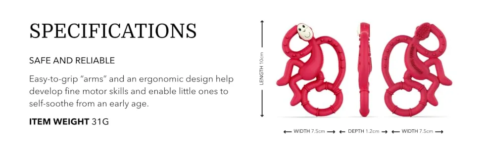 Matchstick Monkey Antimicrobial Silicone Teether Easy To Grip BPA Free 3 Months Old+ 10 cm Rubine Red Mini Monkey Rubine Red Monkey 3 Months Old+ 1 Mini Monkey Teether - MMTR6