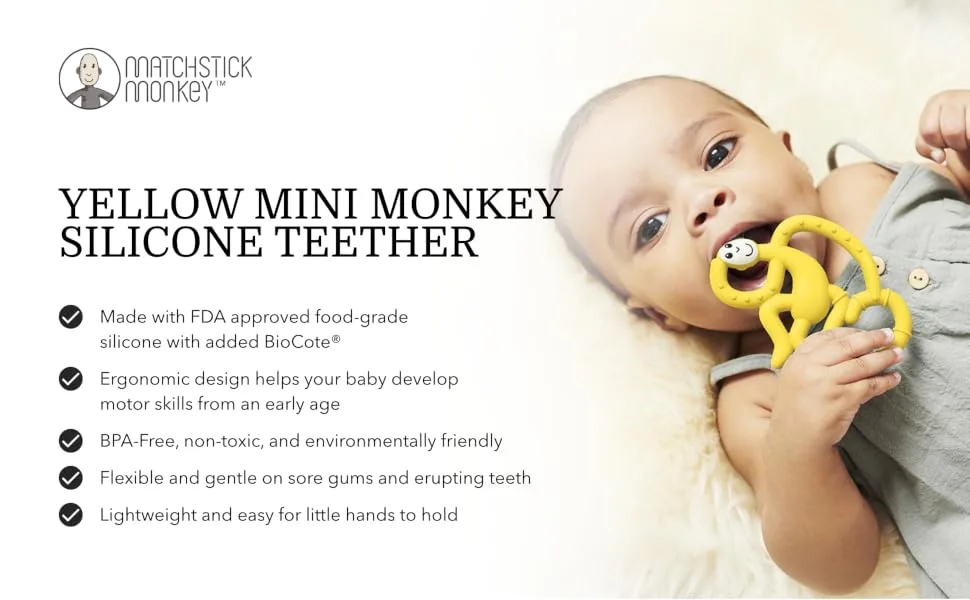 Matchstick Monkey Antimicrobial Silicone Teether Easy To Grip BPA Free 3 Months Old+ 10 cm Yellow Mini Monkey Yellow Monkey 3 Months Old+ 1 Mini Monkey Teether - MMTY
