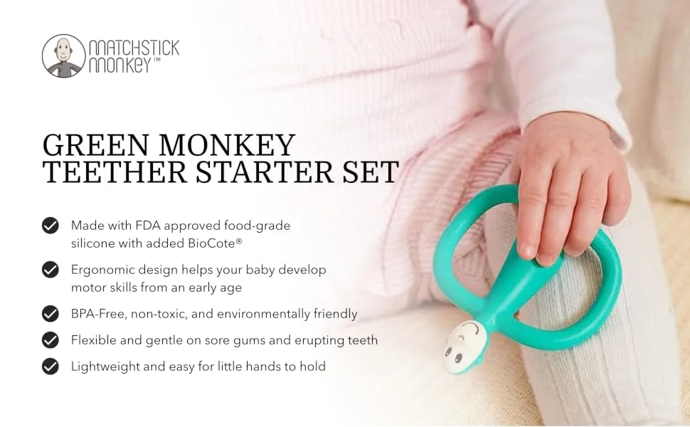 Matchstick Monkey Antimicrobial Teething Starter Set - 1 Flat Face Teether 1 Animal Teether 2 Silicone Finger Toothbrushes 3 Months Old+ Green Monkey Green Monkey Set 3 Months Old+ - TSSG