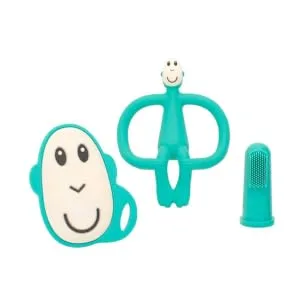 Matchstick Monkey Antimicrobial Teething Starter Set - 1 Flat Face Teether 1 Animal Teether 2 Silicone Finger Toothbrushes 3 Months Old+ Green Monkey Green Monkey Set 3 Months Old+ - TSSG2