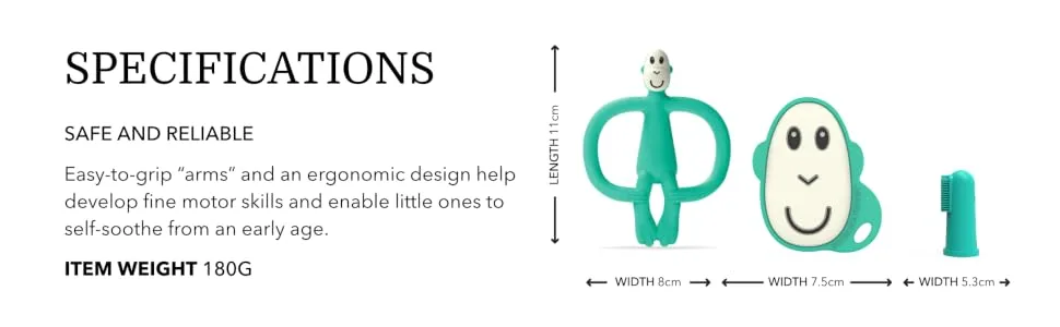 Matchstick Monkey Antimicrobial Teething Starter Set - 1 Flat Face Teether 1 Animal Teether 2 Silicone Finger Toothbrushes 3 Months Old+ Green Monkey Green Monkey Set 3 Months Old+ - TSSG6
