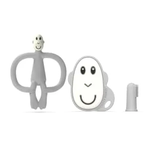 Matchstick Monkey Antimicrobial Teething Starter Set - 1 Flat Face Teether 1 Animal Teether 2 Silicone Finger Toothbrushes 3 Months Old+ Grey Monkey Grey Monkey Set 3 Months Old+ - Teething Starter Set - Cool Grey - 02