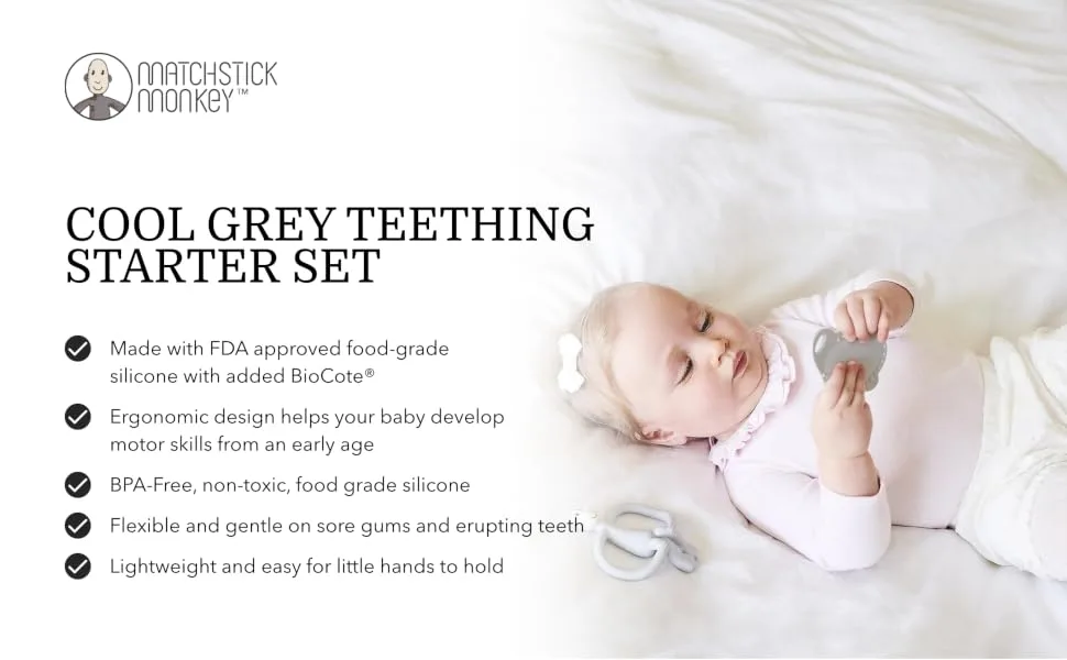Matchstick Monkey Antimicrobial Teething Starter Set - 1 Flat Face Teether 1 Animal Teether 2 Silicone Finger Toothbrushes 3 Months Old+ Grey Monkey Grey Monkey Set 3 Months Old+ - Teething Starter Set - Cool Grey