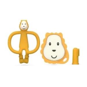 Matchstick Monkey Antimicrobial Teething Starter Set - 1 Flat Face Teether 1 Animal Teether 2 Silicone Finger Toothbrushes 3 Months Old+ Ludo Lion Ludo Lion Set 3 Months Old+ - Ludo Lion Teething Starter Set